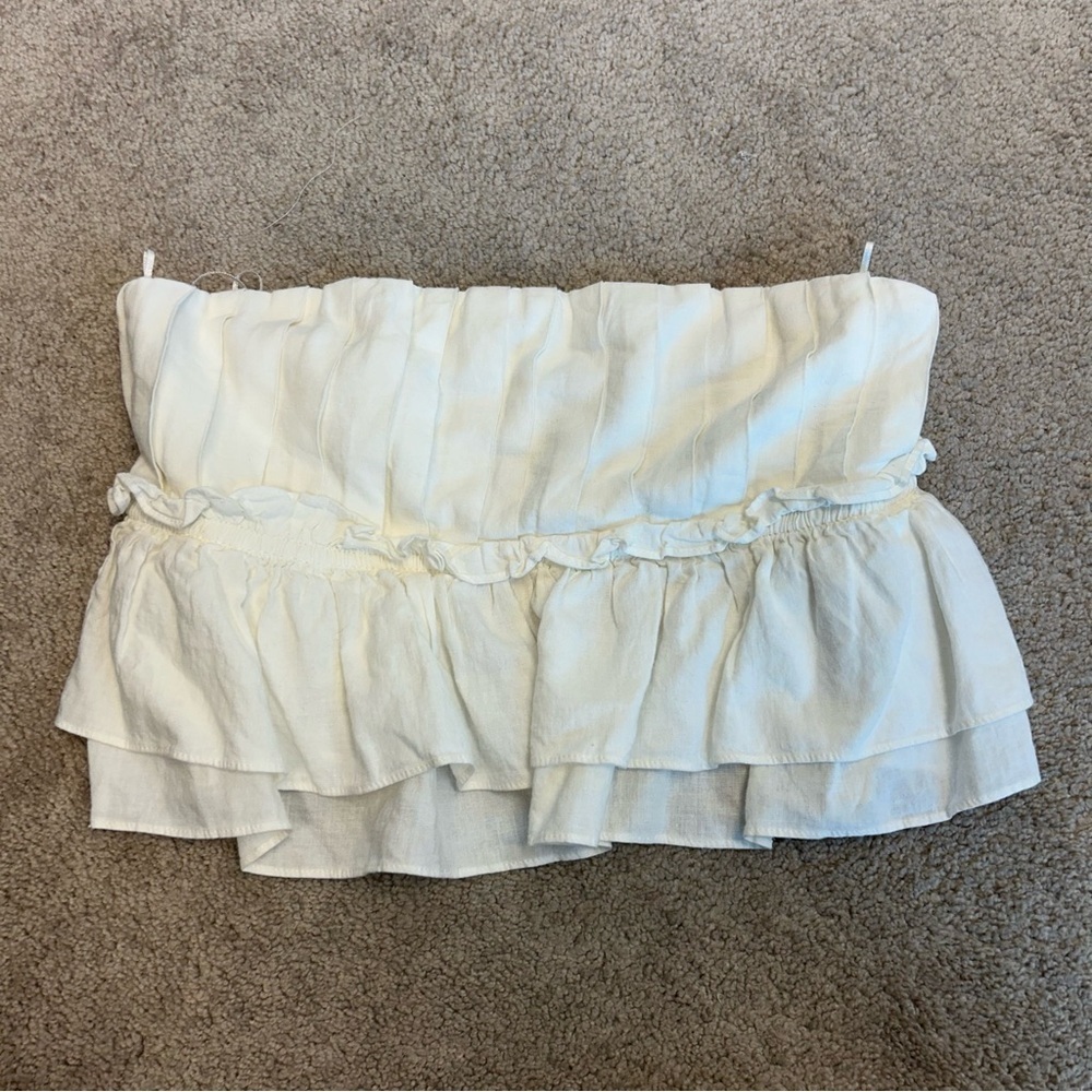 Zara white pleated ruched layered ruffle frill strapless open back top blouse M - Picture 6 of 14